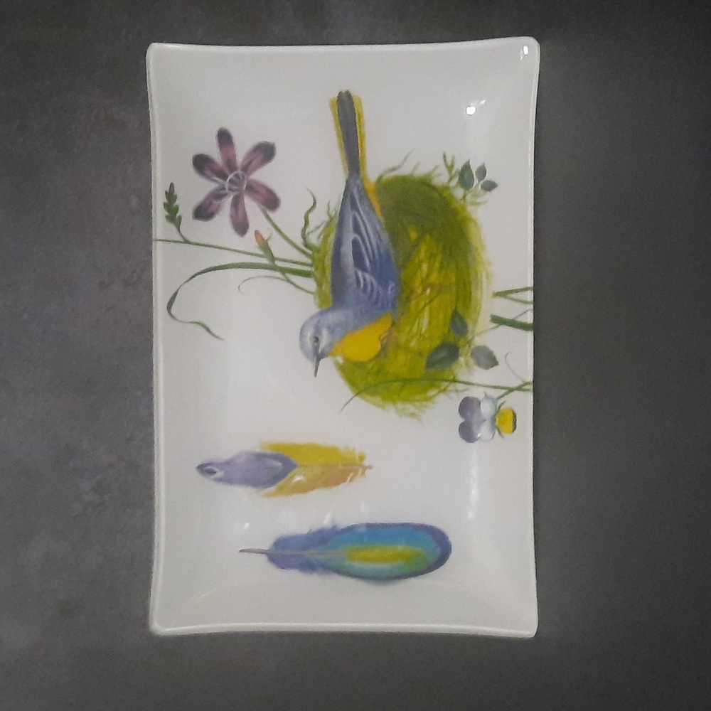 Pressed Decorative Rectangular Glass Tray with Bird and Floral Design